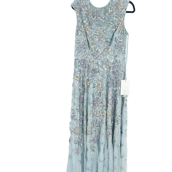 Mac Duggal Sequined High Neck Cap Sleeve A Line Gown Ice Blue Multi Size 10 NWT - Picture 5 of 7